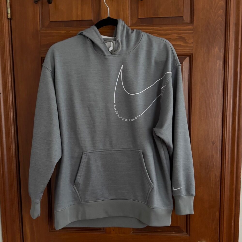 Nike Therma-FIT Gray Pullover Hoodie Mens Medium M Just Do It Large White Swoosh